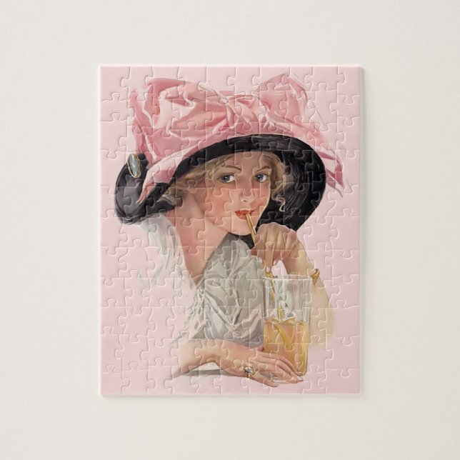 Sipping Soda Girl in Hat Jigsaw Puzzle (Vertical)