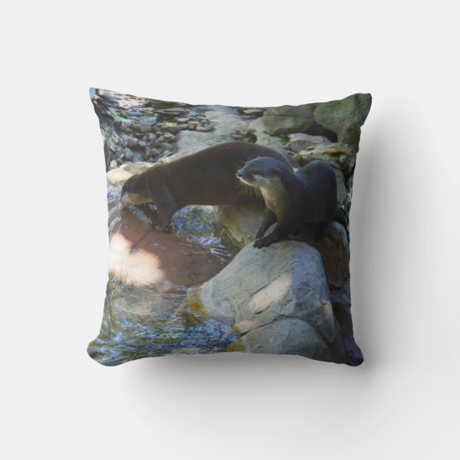 **"Sips by the Stream: Otters Drinking from River  Cushion (Front)