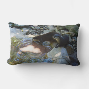**"Sips by the Stream: Otters Drinking from River  Lumbar Cushion