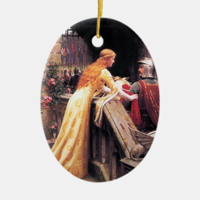 Sir Lancelot and Guinevere on the Stairs Ceramic Tree Decoration (Front)