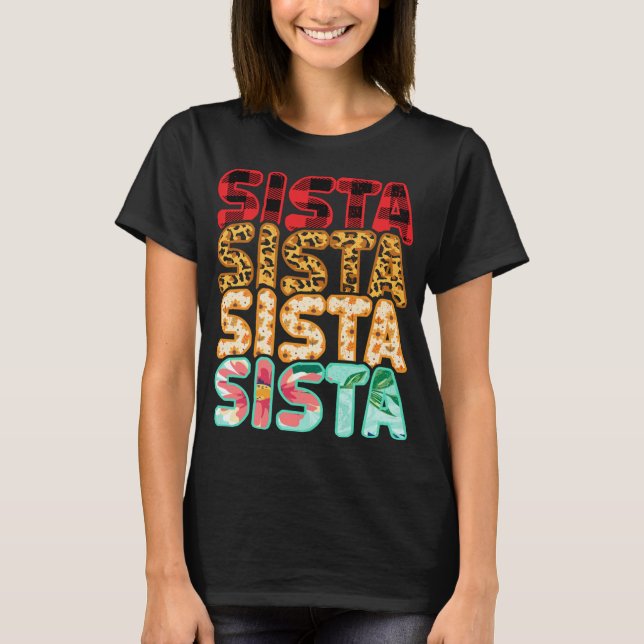Sista Sister Leopard Red Plaid Sunflower Family Ma T-Shirt (Front)