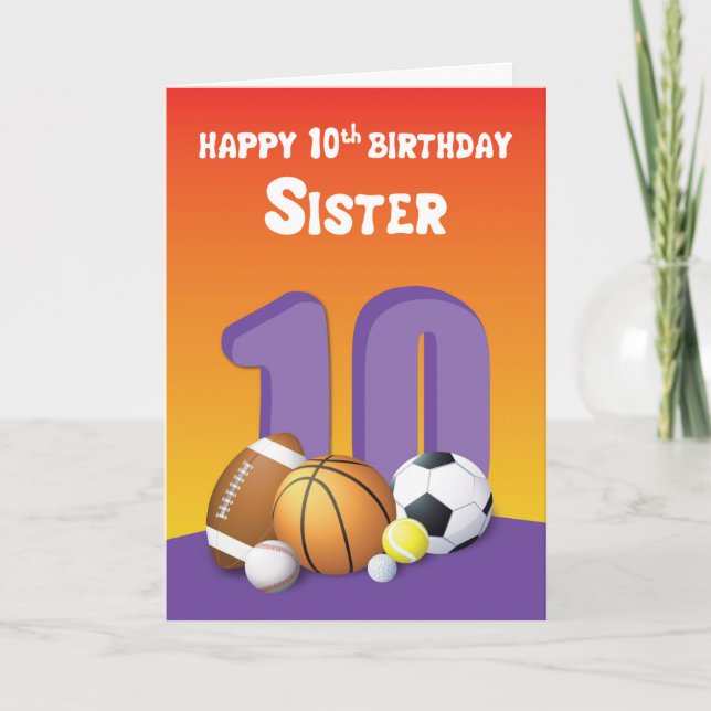 Sister 10th Birthday Sports Balls Card (Front)