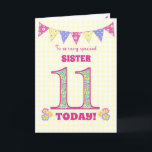 Sister 11th Birthday Primroses and Bunting Card<br><div class="desc">A pretty 11th Birthday card for your sister, with polka dot bunting, primrose flowers and numbers filled with a primrose pattern, all on a pale yellow check gingham background. The front cover message is, 'To a very special SISTER 11 TODAY!' The inside message is just a suggestion and you can...</div>