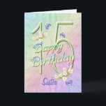 Sister 15th Birthday Butterfly Garden Card<br><div class="desc">A rainbow of colours, pink flowers and lavender butterflies fills this girls 15th Happy Birthday card with joy for Sister. Front name and inside verse may be personalised using the template provided. You may also enjoy the matching gifts and other products available in my store. Original design by Anura Design...</div>