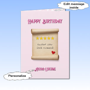 Sister 5 star review pink birthday card