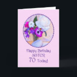 Sister, 70th birthday with painted flowers. card<br><div class="desc">A simple but elegant 70th birthday card for a sister,  with a flower painting. A painting of a vase of flowers is framed in daisies. The whole is on a delicate pink background. The inside message can be changed to your requirements.</div>