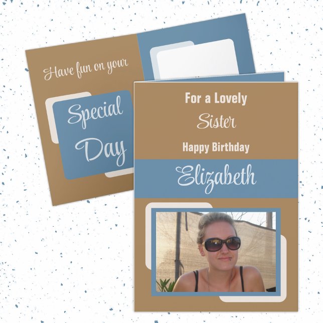 Sister add name photo blue brown birthday card (Creator Uploaded)