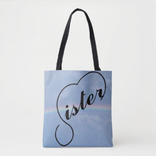Sister and a rainbow on an all over print tote bag