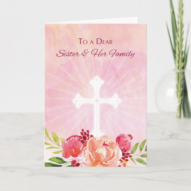 Sister and Family Easter Blessings Pink Watercolor Holiday Card (Front)