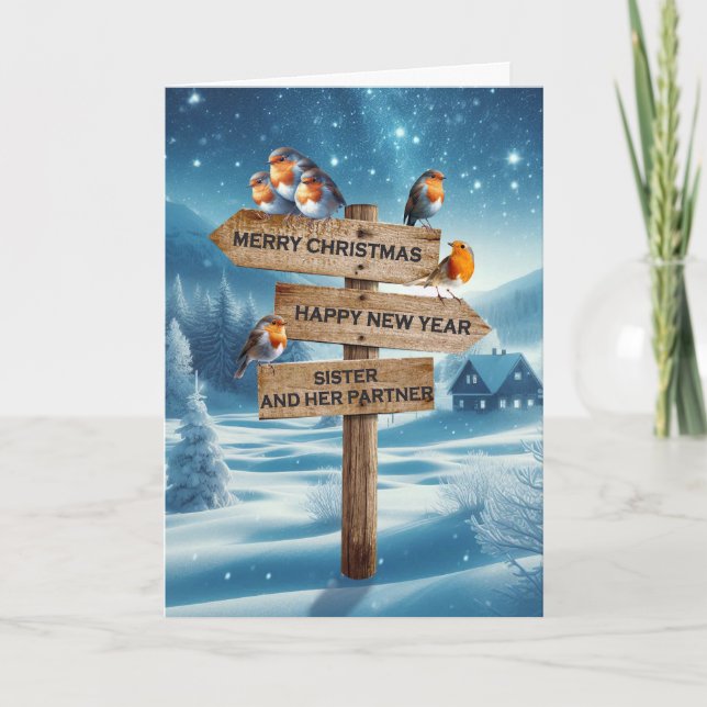 Sister and Partner Christmas Robins on a Signpost Holiday Card (Front)