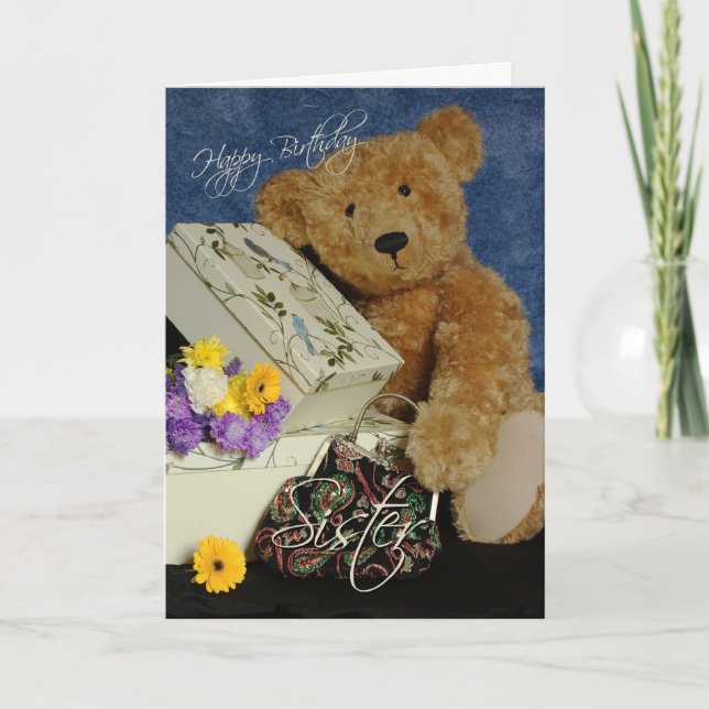 Sister Birthday Card with cute Bear boxes purse an (Front)