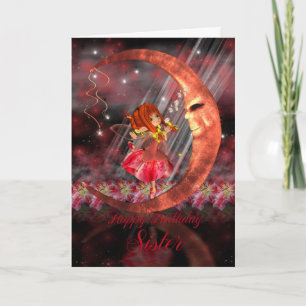 Sister Birthday Card with Cute little fairy moon a