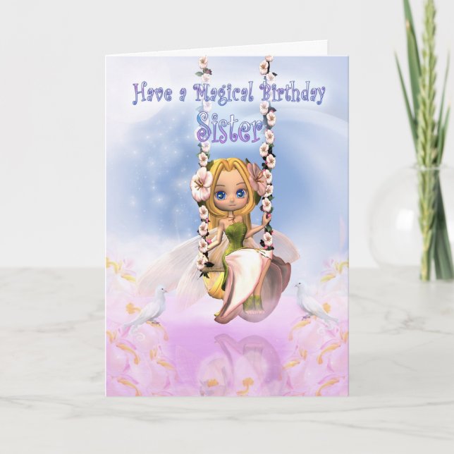 Sister Birthday card with Cutie Pie fairy on swing (Front)
