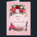 Sister Birthday Gorgeous Roses<br><div class="desc">This birthday card for a sister has beautiful roses in full bloom. The pink background has pale pink roses showing through. A gorgeous,  traditional birthday card that will give real joy.</div>