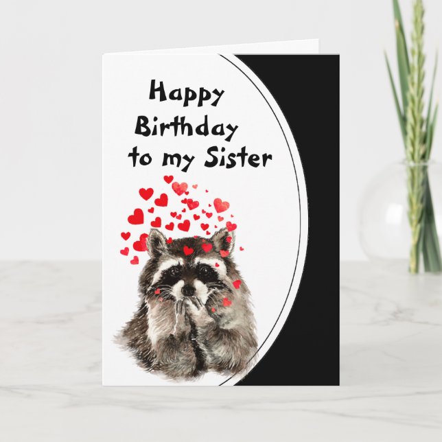 Sister Birthday Hugs & Kisses Racoon Animal Card (Front)
