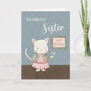 Sister Birthday Kitty in a Dress Holding Flower Card