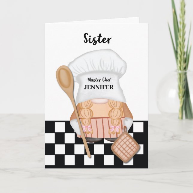 Sister Birthday Whimsical Gnome Chef Cooking Card (Front)