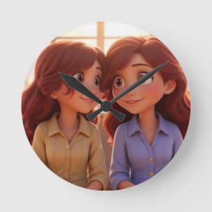 Sister Bond – Beautiful Sisters Illustration Art Round Clock