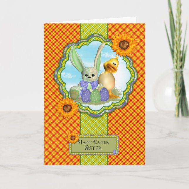 Sister Cute Easter Card With Rabbit And Chick (Front)