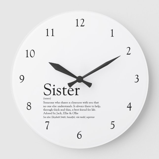 Sister Definition Quote Black and White Large Clock (Front)