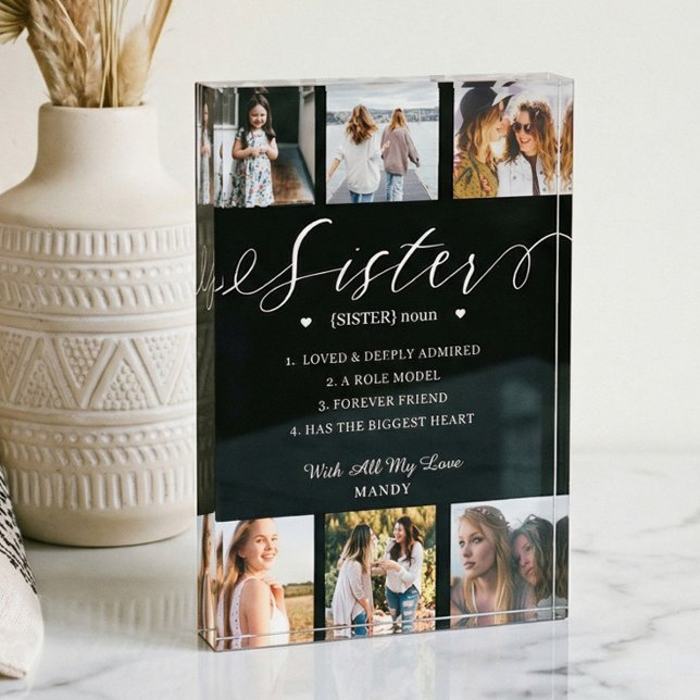 Sister Dictionary Definition Photo Collage Black Block (Gift for Sister Definition Collage Memory Keepsake Photo Block)