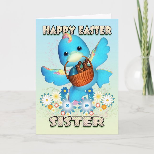 Sister Easter Card - Cute Duck With Basket Of Trea (Front)