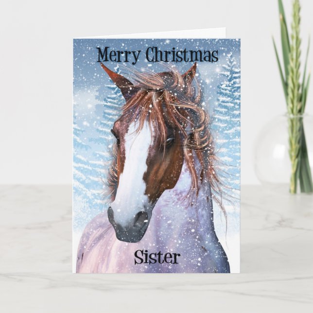 Sister Equine Horse With Winter Background Holiday Card (Front)