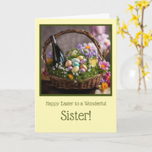 Sister Funny Happy Easter Wine in Easter Basket Card