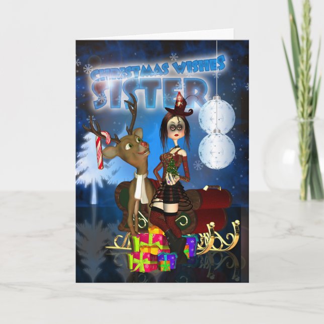 Sister Gothic Christmas Card, H.I.P. And Reindeer Holiday Card (Front)