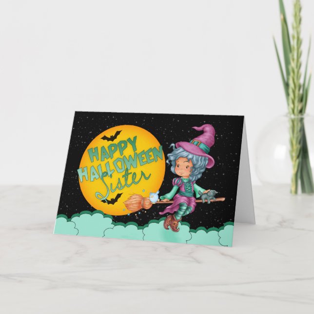 sister halloween card with cute witch on broom (Front)