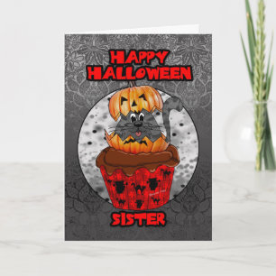 sister halloween cupcake cat, gray tabby card
