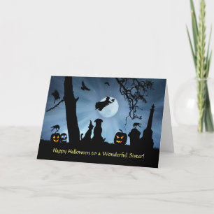 Sister Halloween Cute Dog and Cat With Witch Card
