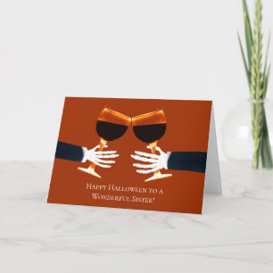 Sister Halloween Humourous with Toasting Wine Holiday Card