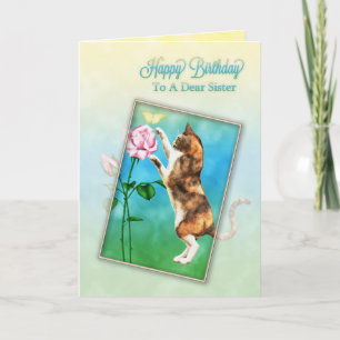 Sister, Happy Birthday with a playful cat Card
