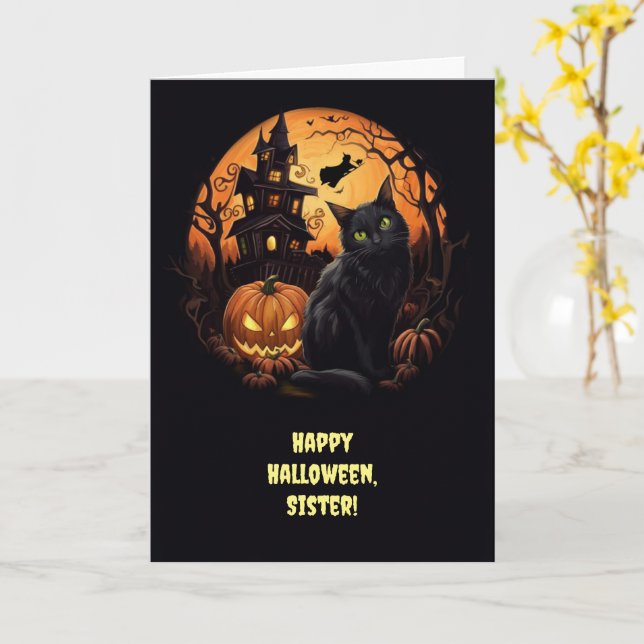 Sister Happy Halloween Cat and Witch With Haunted  Card (Yellow Flower)