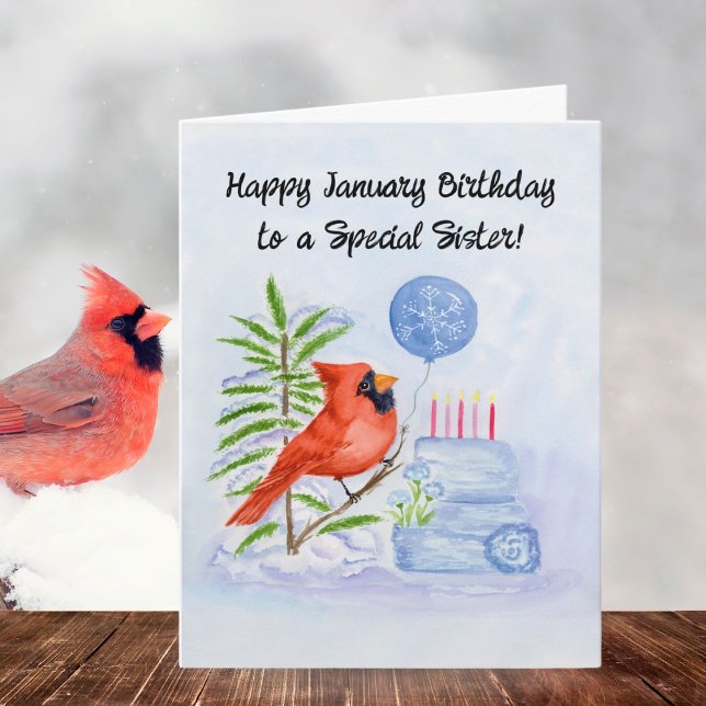 Sister Happy January Birthday Cardinal with Cake Card (Creator Uploaded)