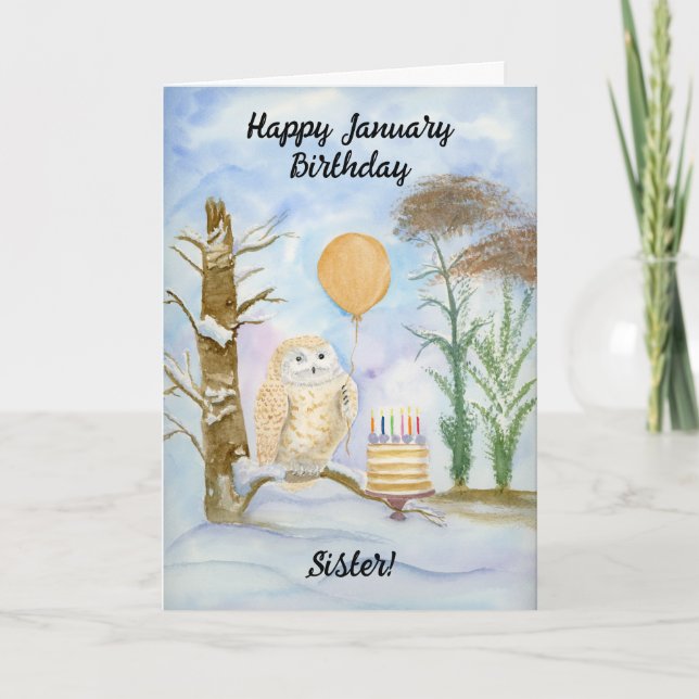 Sister Happy January Birthday Owl Cake Card (Front)