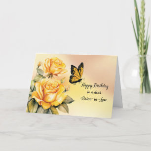 Sister in Law Birthday Yellow Roses with Butterfly Card