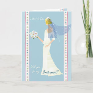 Sister-in-Law Bridesmaid , white dress on blue Invitation