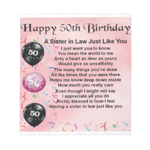 Sister in Law Poem - 50th Birthday Notepad
