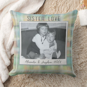 Sister Love photo keepsake custom pastel tartan Cushion