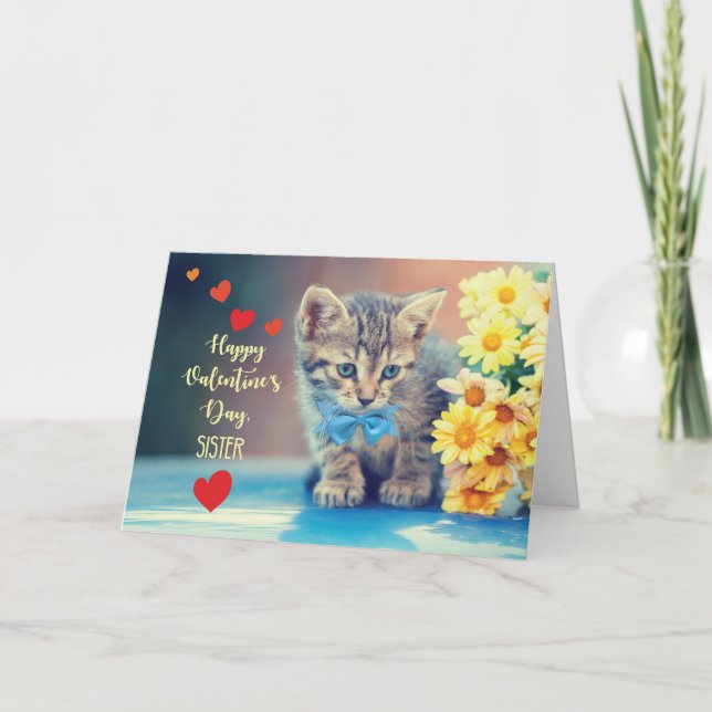 Sister Love Valentine Kitten with Yellow Daisies Card (Front)