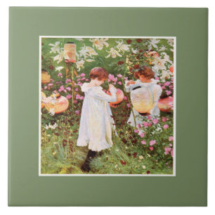 Sister, Mother's+Day, Girls in Flower Garden, Gift Ceramic Tile