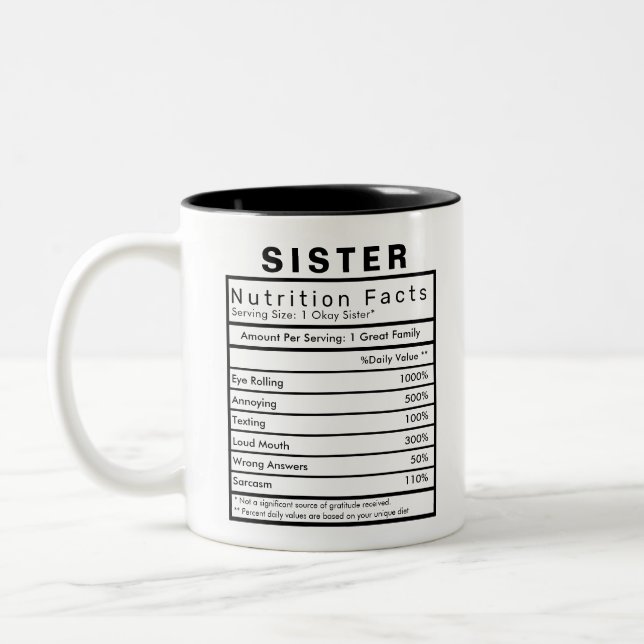 Sister Nutrition Facts Statistics Funny Two-Tone Coffee Mug (Left)