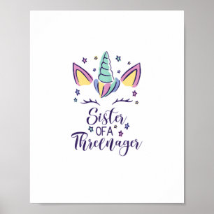 Sister Of A Threenager Girl 3rd Birthday Unicorn P Poster