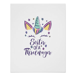Sister Of A Threenager Girl 3rd Birthday Unicorn P Poster