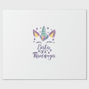 Sister Of A Threenager Girl 3rd Birthday Unicorn P Wrapping Paper