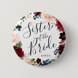 Sister of the Bride Burgundy Bouquet Wedding 6 Cm Round Badge