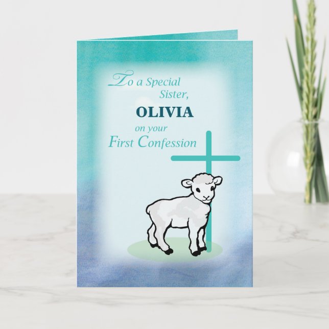 Sister Personalise Name First Confession Lamb Card (Front)