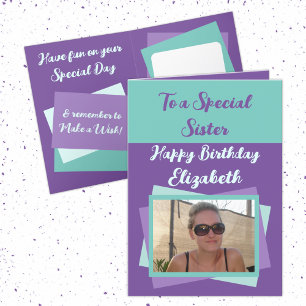 Sister photo name purple green birthday card